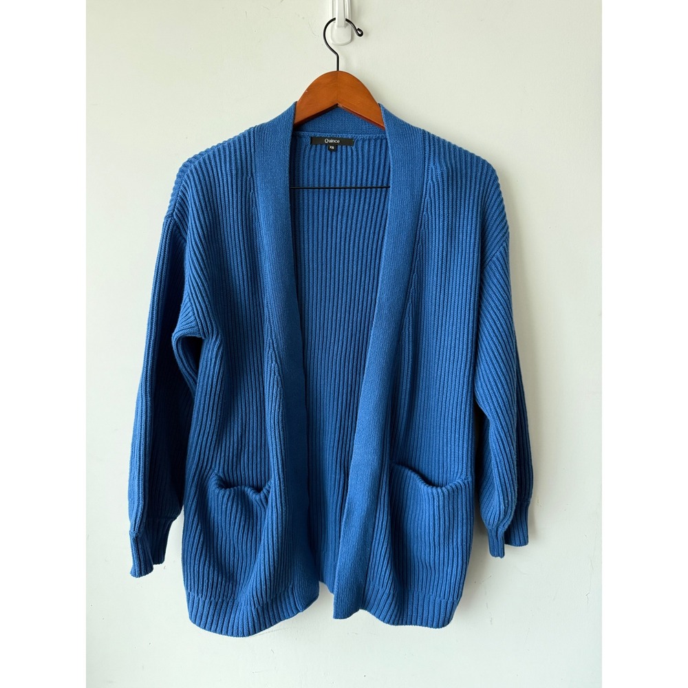 Quince Blue Shaker Stitch Open Front Cardigan Sweater XS Oversized Pockets